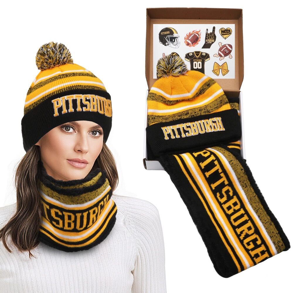 7455 Pittsburgh Winter Beanie Hat Circle Scarf Set, Warm Football Knit